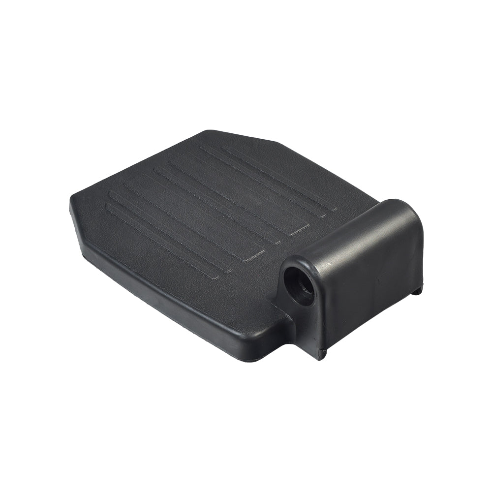 Universal Black Plastic Footplate for Wheelchairs with 7/8 Tubing, featuring a hole for attachment, and sized 7 wide by 6 deep, suitable for both left and right sides.