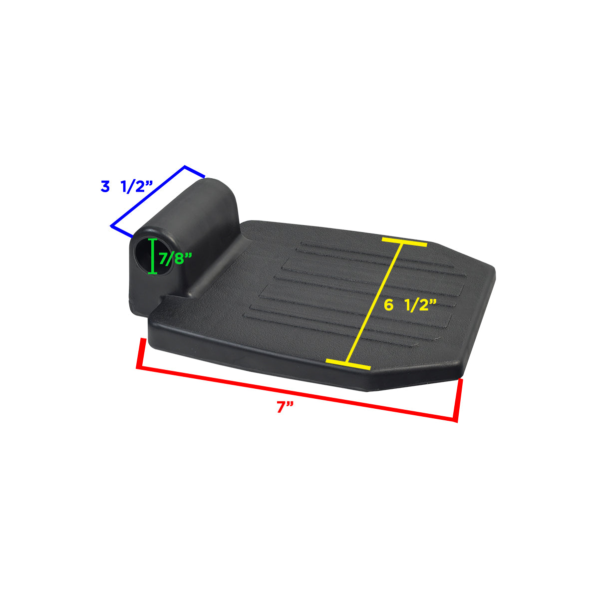 Universal Black Plastic Footplate for Wheelchairs with 7/8 Tubing, featuring a durable design, red and green line accents, suitable for left or right side attachment, 7 wide by 6 deep.