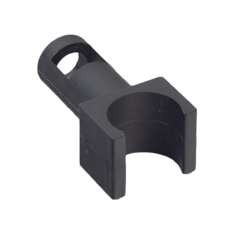 Seat Rail Guide for 7/8 Tube Manual Wheelchairs: A black plastic U-shaped object with holes, designed to support and connect the seat and back frame tubes of manual wheelchairs.