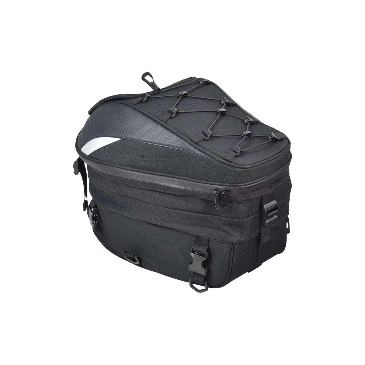 Tail Bag for Electric Bikes: Black nylon tail bag with straps, expandable height, and removable shoulder strap, designed for rear seat or rack, featuring pinch-buckles and weatherproof cover.