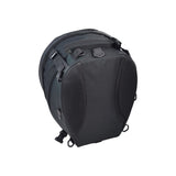 Black nylon and vinyl Tail Bag for Electric Bikes with adjustable webbing straps and pinch-buckles, featuring a removable shoulder strap and weatherproof cover, suitable for carrying essentials.