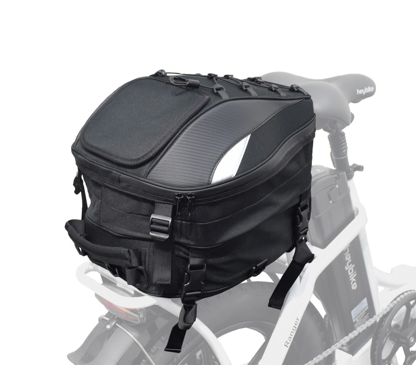 Tail Bag for Electric Bikes: A black bag securely mounted on a white bicycle's rear seat, showcasing its functional design for carrying essentials during rides.