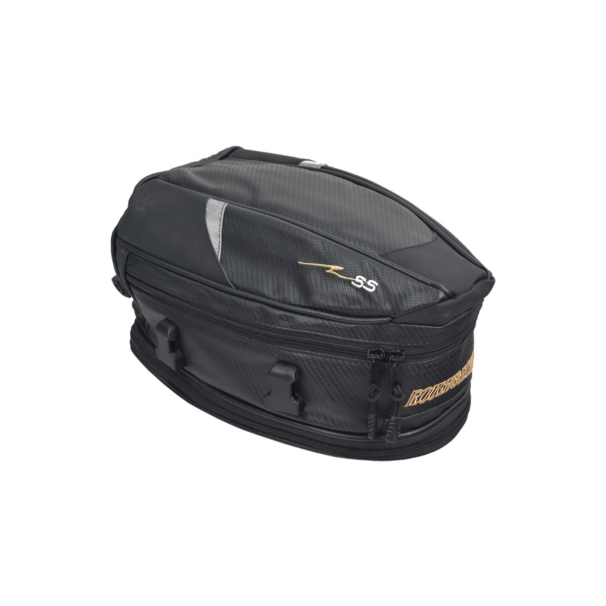 Tail Bag for Electric Bikes: A sleek black nylon and vinyl cargo tail bag shown against a white background, featuring webbing straps, pinch-buckles, and expandable height for versatile storage.