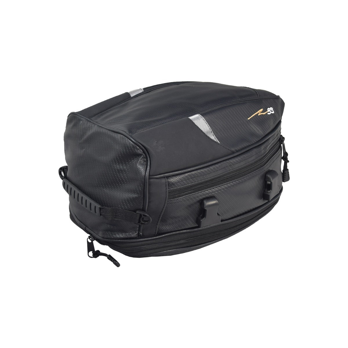 Tail Bag for Electric Bikes: Black nylon bag with webbing straps, pinch-buckles, and a zipper, featuring a removable shoulder strap and expandable height.