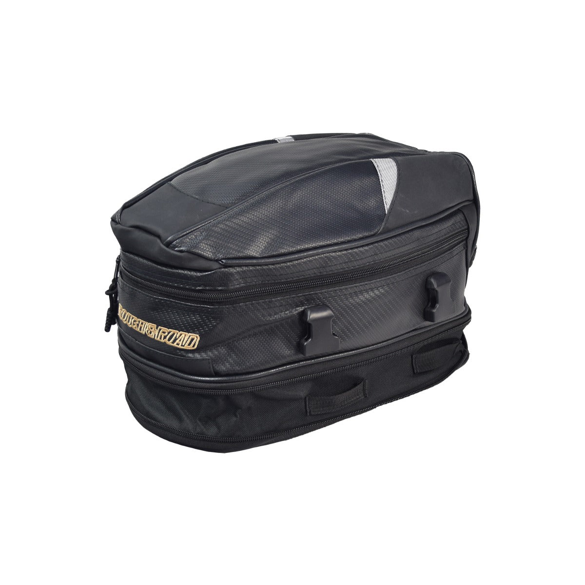 Black Tail Bag for Electric Bikes with zippers and webbing straps, designed for rear seat or rack mounting, featuring expandable height and removable shoulder strap for easy transport.