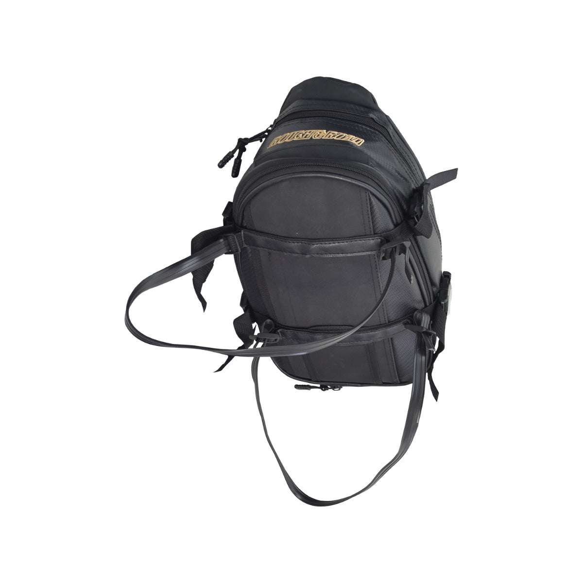 Black Tail Bag for Electric Bikes with adjustable webbing straps, pinch-buckles, and a removable shoulder strap. Height expandable and includes a weatherproof cover. Ideal for carrying essentials.