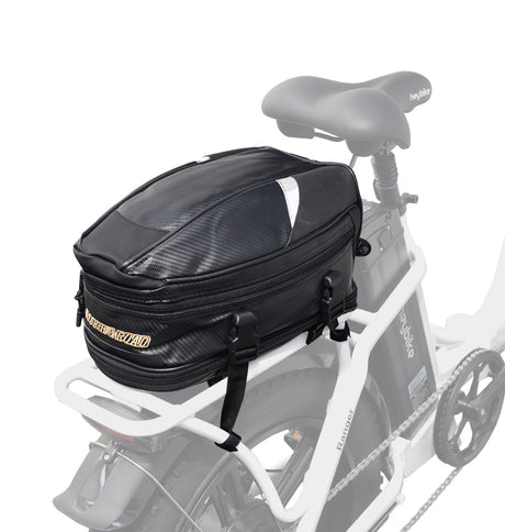 Tail Bag for Electric Bikes mounted on a white bicycle, showcasing black nylon and vinyl material, webbing straps, and pinch-buckles for secure attachment.