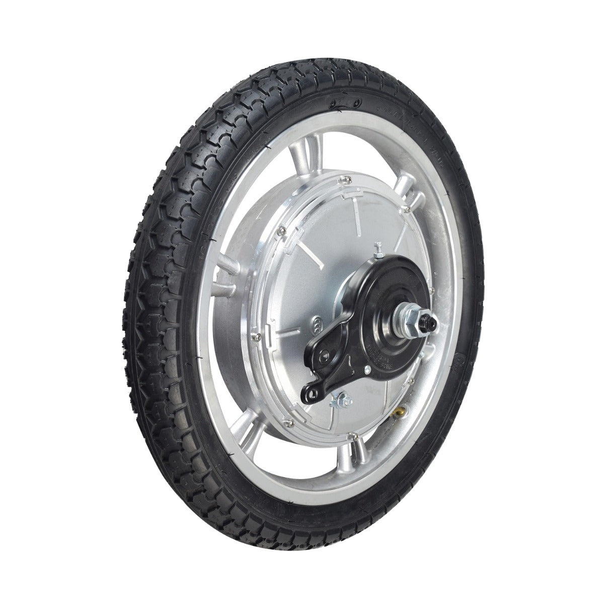 Rear Wheel with Hub Motor for Razor Ecosmart Metro HD & SUP Electric Scooters, featuring a 16” pneumatic tire, silver-colored rim, and 80 mm band brake, displaying a close-up of the wheel assembly.