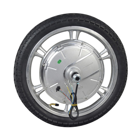 Rear Wheel with Hub Motor for Razor Ecosmart Metro HD & SUP Electric Scooters, featuring a 350-watt brushless motor, silver rim, 16” pneumatic tire with angled valve stem, and 80 mm band brake.