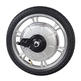 Rear Wheel with Hub Motor for Razor Ecosmart Metro HD & SUP Electric Scooters, featuring a black tire, silver rim, and integrated 350-watt brushless motor with 16” pneumatic tire and angled valve stem.