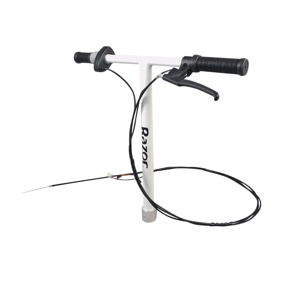 Complete Handlebar Assembly for the Razor Ecosmart SUP Electric Scooter, featuring steel handlebar with a white finish, handlebar grips, clamp, twist-grip throttle, brake lever, and attached brake and throttle cables.