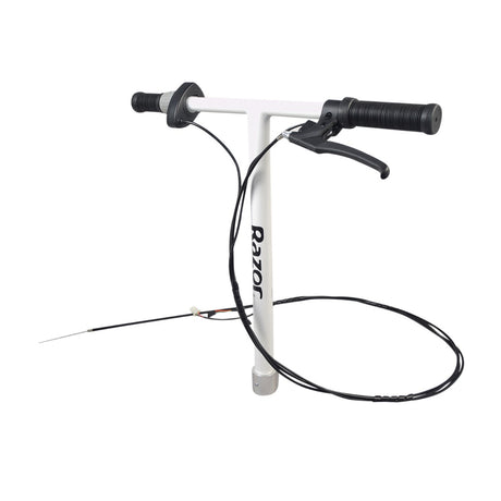 Complete Handlebar Assembly for the Razor Ecosmart SUP Electric Scooter, featuring steel handlebar with a white finish, handlebar grips, clamp, twist-grip throttle, brake lever, and attached brake and throttle cables.