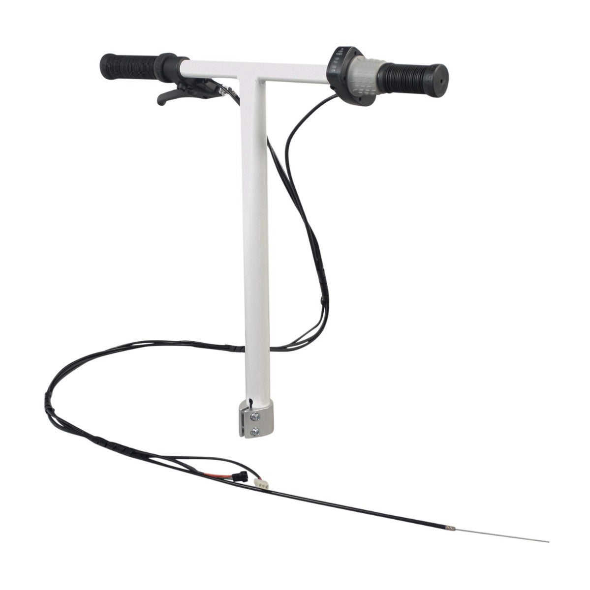 Complete Handlebar Assembly for the Razor Ecosmart SUP Electric Scooter, featuring a steel handlebar with grips, clamp, twist-grip throttle, brake lever, and attached cables, shown in a close-up view.