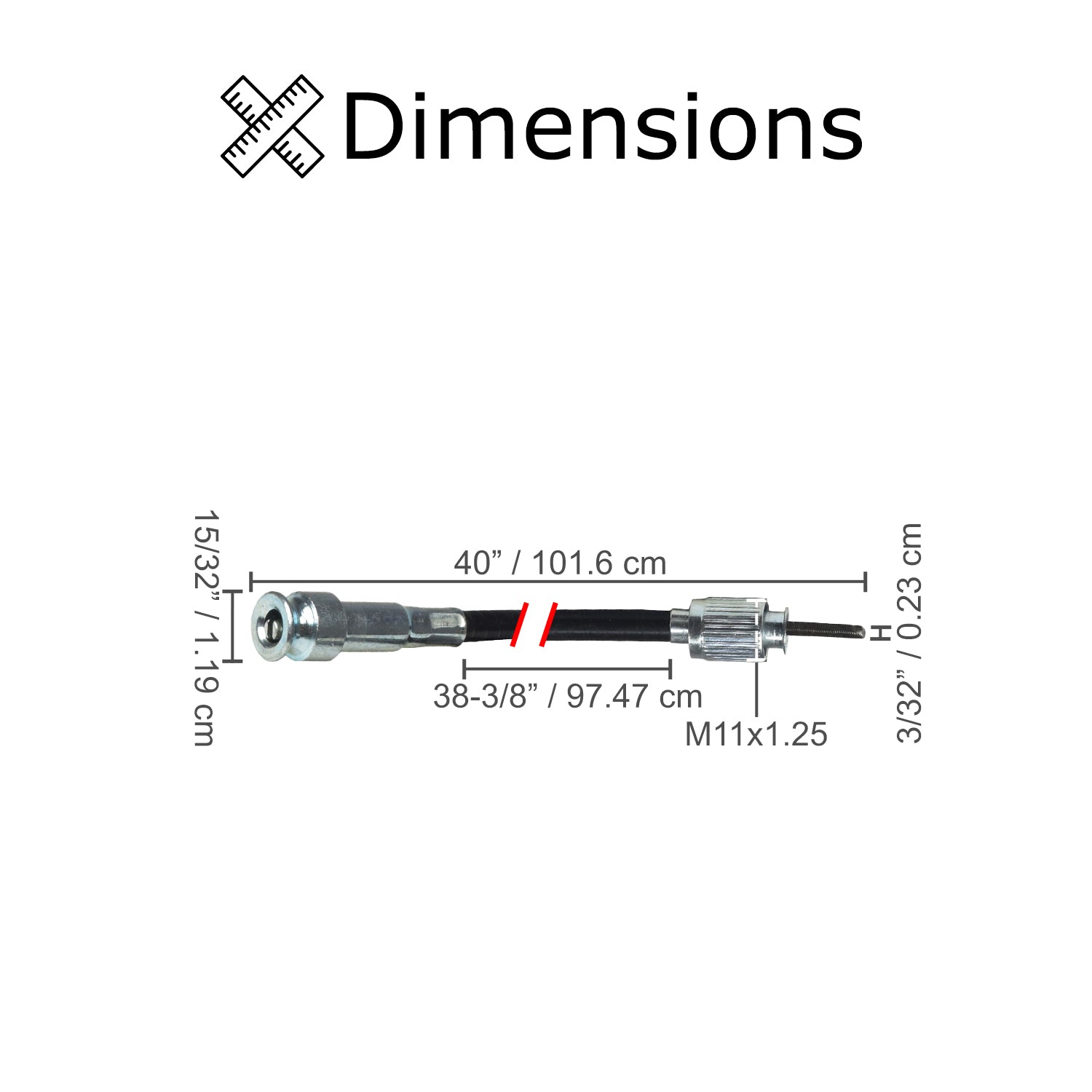 40 Speedometer Cable with Metal Snap-In End for Scooters & Go-Karts, featuring a black cable with a silver ball end, and a detailed diagram highlighting dimensions and components.