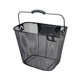 Universal Wire Basket with Quick-Release Mounting Hardware for Bicycles & Scooters, featuring a black mesh design with a handle, suitable for handlebars, providing secure and convenient storage for various items.