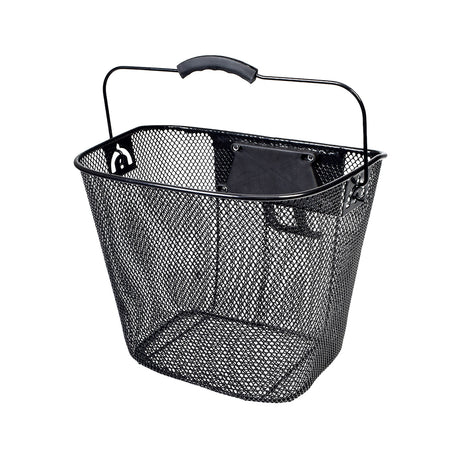 Universal Wire Basket with Quick-Release Mounting Hardware for Bicycles & Scooters, featuring a black mesh design with a handle, suitable for handlebars, providing secure and convenient storage for various items.