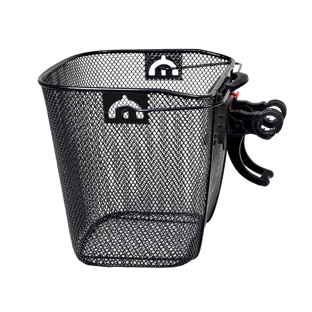 Universal Wire Basket with Quick-Release Mounting Hardware for Bicycles & Scooters, featuring a black mesh-wire design, handle, and adjustable brace for secure attachment to standard 1-inch diameter handlebars.