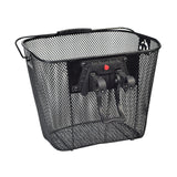 Universal Wire Basket with Quick-Release Mounting Hardware for Bicycles & Scooters, featuring a mesh-wire design and handle, ideal for secure storage on 1-inch diameter handlebars.