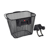 Universal Wire Basket with Quick-Release Mounting Hardware for Bicycles & Scooters, featuring a black mesh-wire design, a black handlebar attachment, and a prominent red quick-release button for easy detachment.