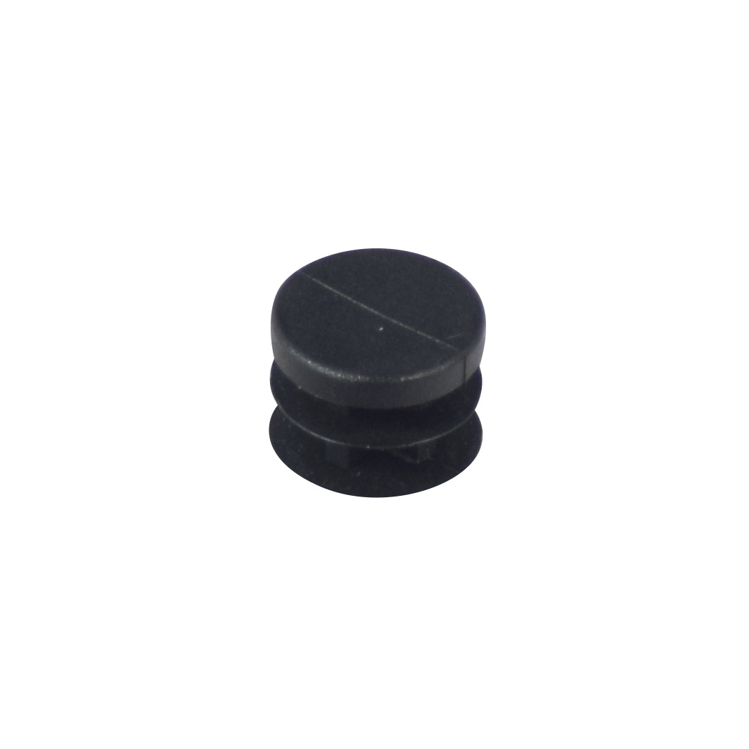 1/2 Bar End Caps for Thick Wall Handlebars – a close-up of a small, black, round plug designed to fit into the ends of handlebars or tillers, enhancing safety and aesthetics.