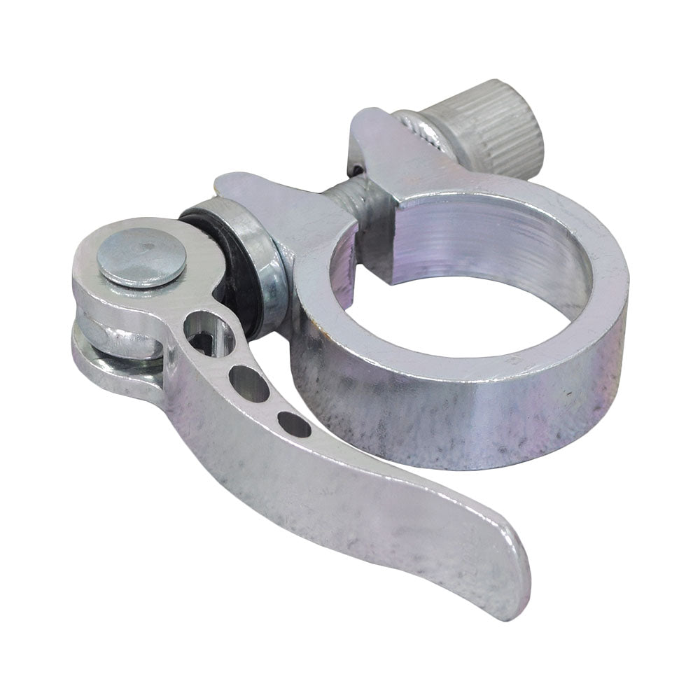 Universal Scooter Handlebar and Seat Post Clamp, a sturdy metal clamp with a visible screw, designed for adjustable 28.6 mm scooter posts. Ideal for replacing worn-out parts on kids' scooters.