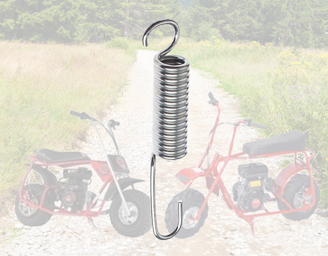 Kickstand Spring for Baja Doodle Bug (DB30) Mini Bike: Close-up of a metal spring, essential for keeping the kickstand stable, with a motorcycle slightly visible in the background.