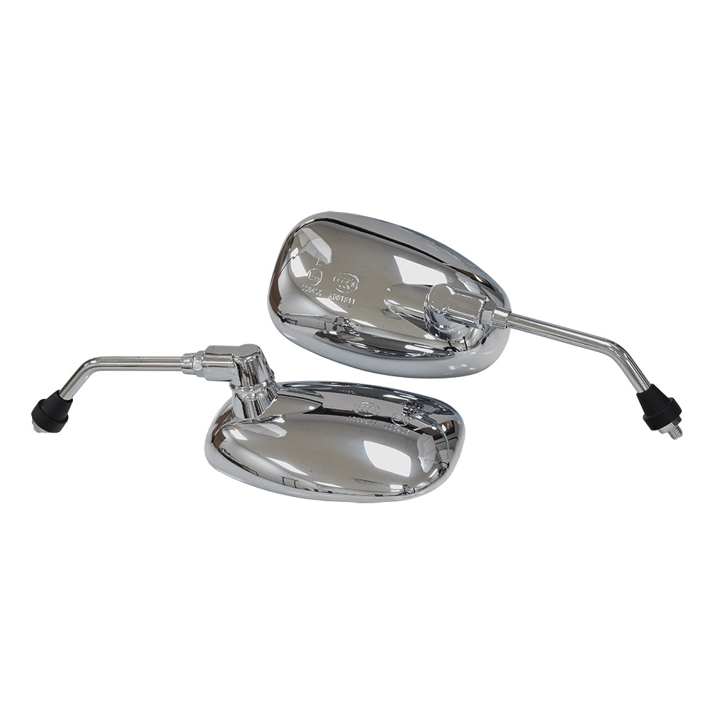 Chrome Mirror Set with Oblong Mirrors for Drive ZooMe R3 (R318CS), eWheels EW-36, EW-36 Elite, & EW-Vintage Scooters. Features chrome finish, black rubber tips, and right-hand M8x1.25 metric thread.