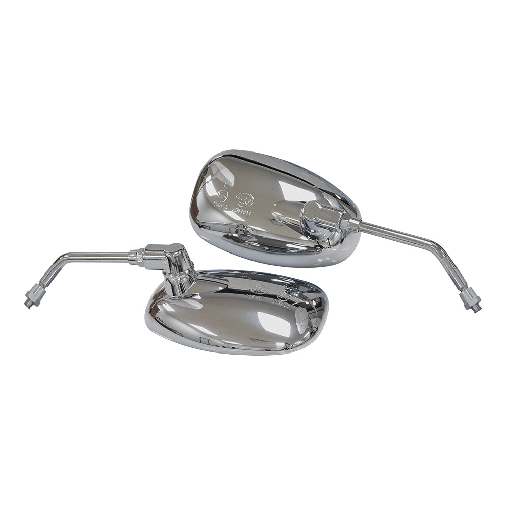 Chrome Scooter Mirror Set with Oblong Mirrors, featuring two chrome-finish mirrors with nozzles, suitable for almost any motor scooter model.