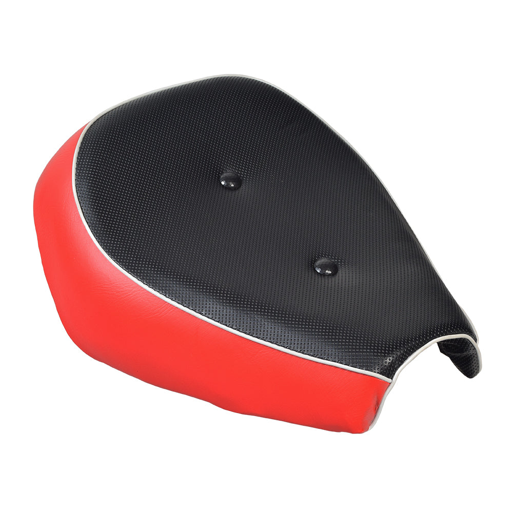 Black & Red Seat for the Baja MB165 & Falcon Mini Bikes featuring a sleek design with red trim accents, compatible with Baja MB200 models for an enhanced mini bike experience.