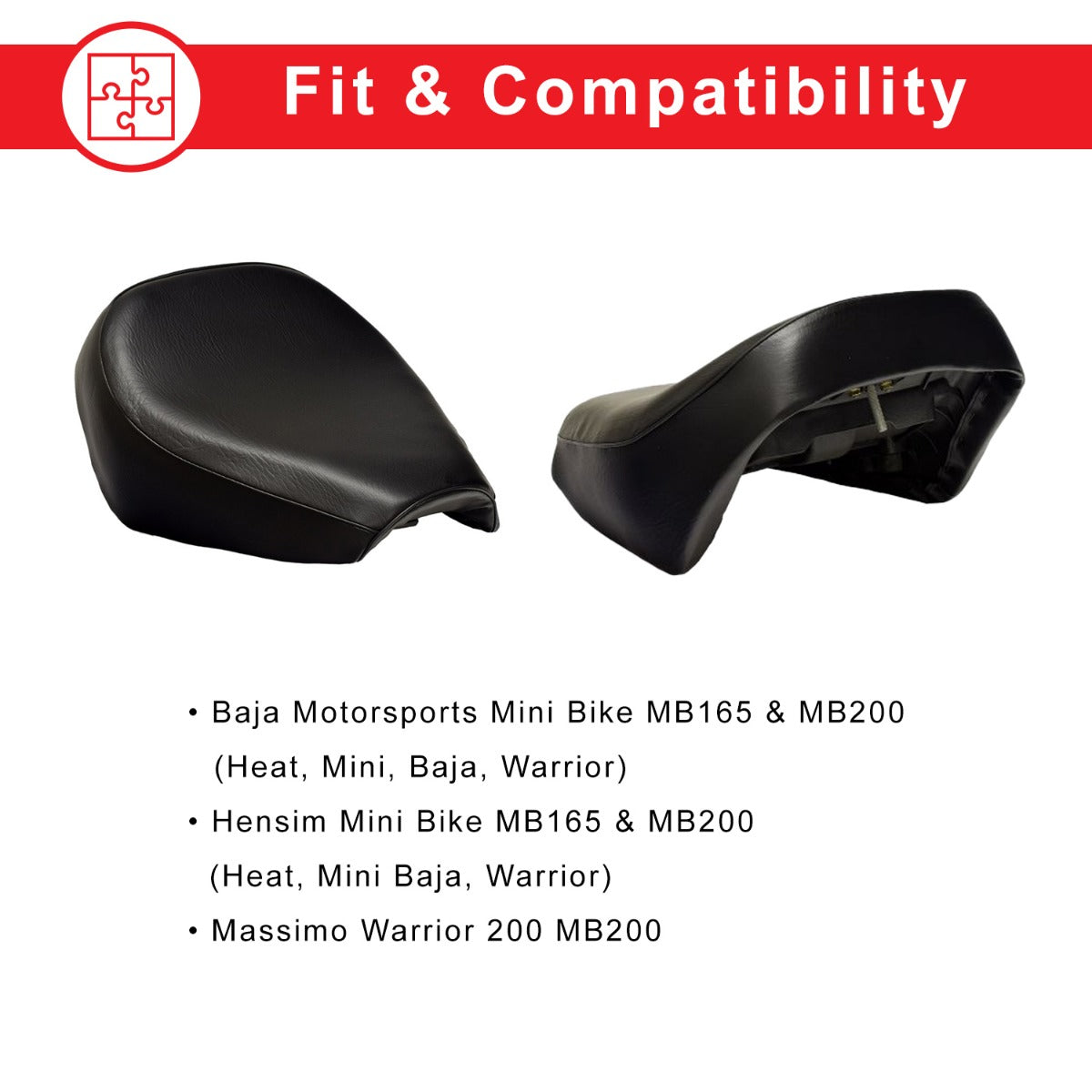 Black Seat for Baja Mini Bike MB165 & MB200 (Baja Heat, Mini Baja, Baja Warrior) with visible screw attachment, designed as a replacement for various Baja and Massimo models.