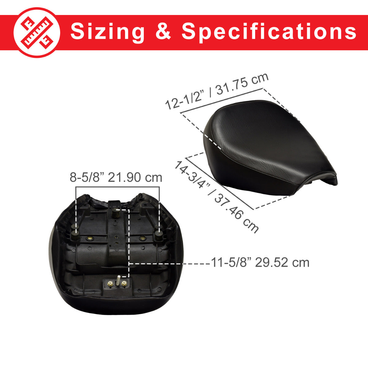 Black Seat for Baja Mini Bike MB165 & MB200 (Baja Heat, Mini Baja, Baja Warrior) (Blemished), showing seat measurements, screws, bolts, and wire.