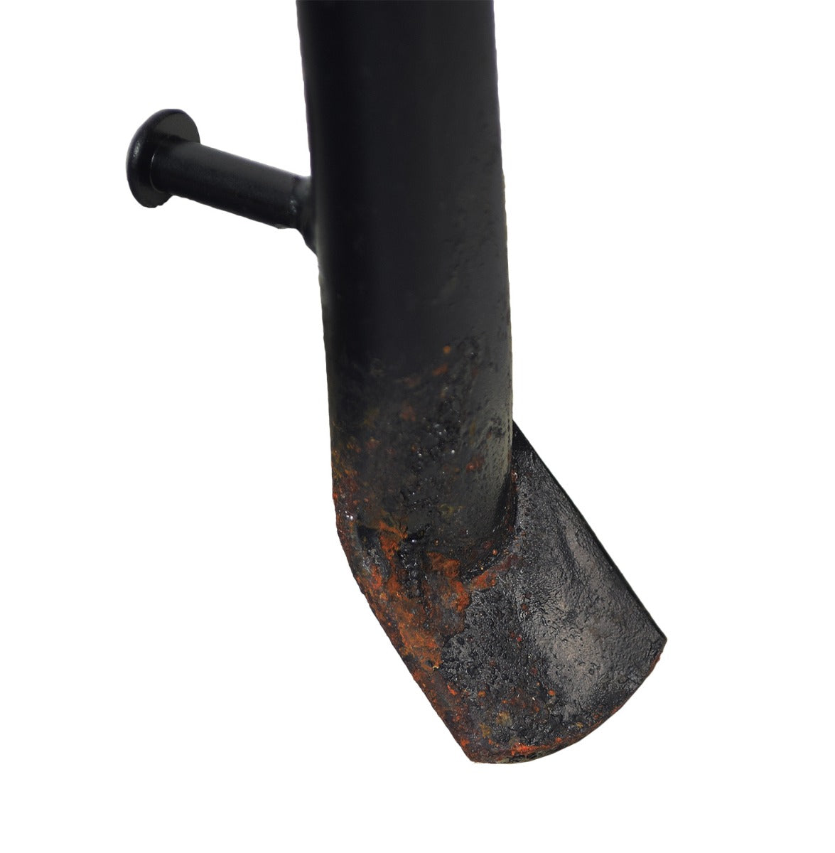 Kickstand for Coleman & Massimo Mini Bikes, showing a close-up of its black cylindrical body with a rusty tip.