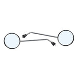 Round Mirror Set for Scooters: A pair of circular mirrors with metal rods, featuring one black backed mirror on an 8 rod and one chrome backed mirror on a 9-3/4 rod.