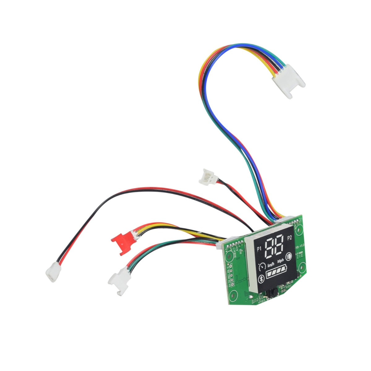 Bluetooth Speedometer with Wiring Harness for the Hover-1 Eagle Electric Scooter, showing a green circuit board with colorful wires, a digital display, and multiple connectors for the scooter’s console panel.