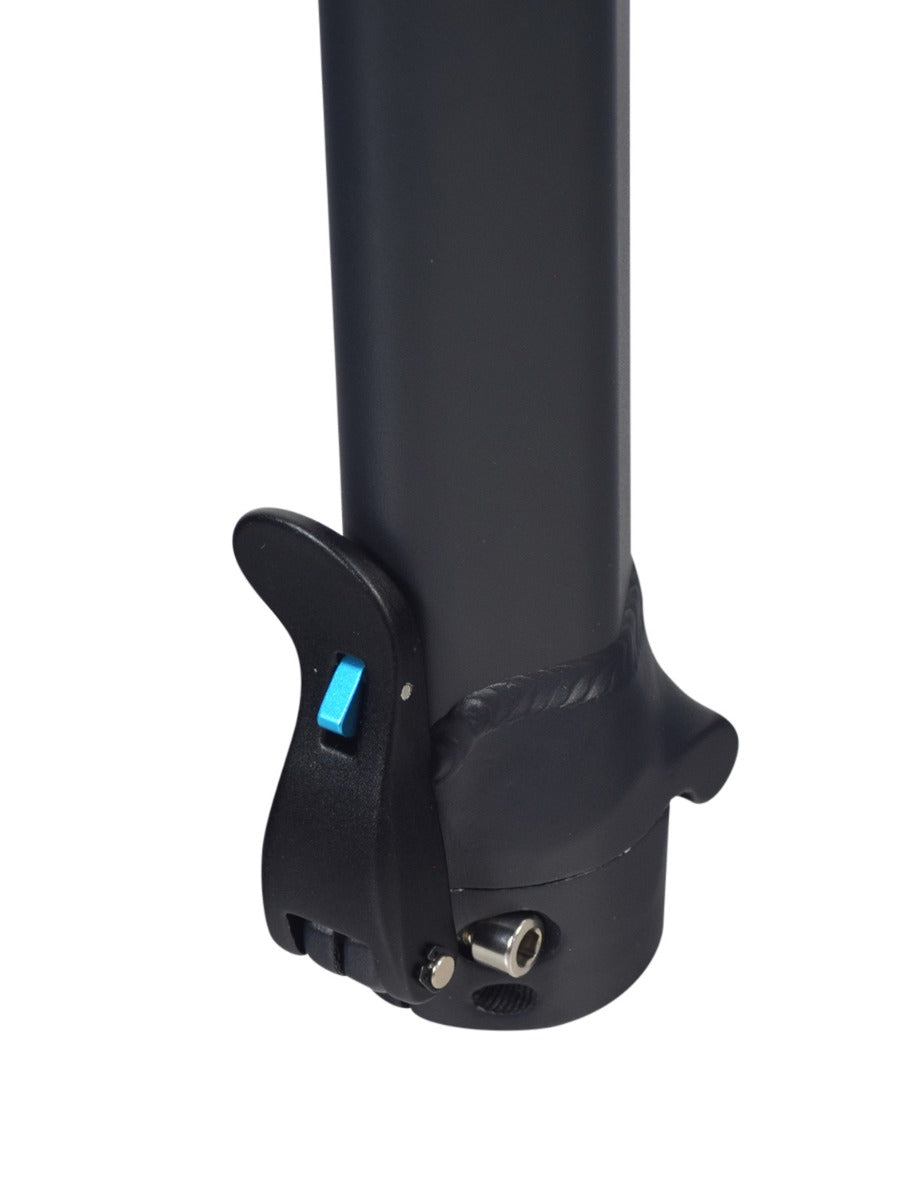 Folding Handlebar Stem for the Hover-1 Eagle Electric Scooter, featuring a robust black tube with a blue button, designed for steering and holding the battery, also serving as a carrying handle when folded.