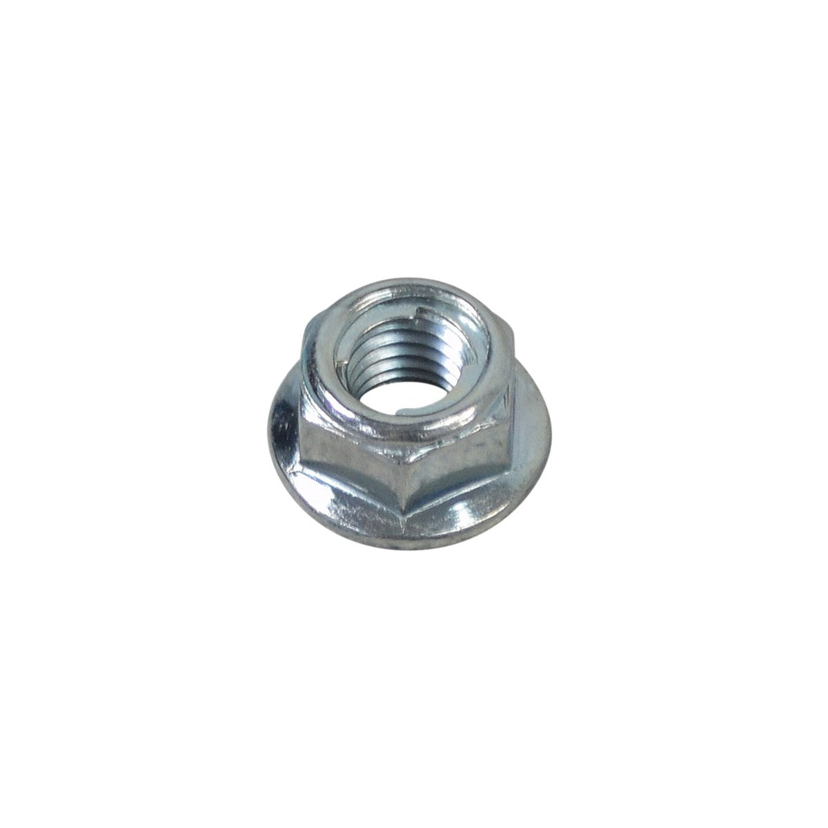 Self Locking Flange Nut (M8-1.25X9) close-up, showcasing a metal fastener with a threaded interior, typically used for chain tensioner levers on Baja MB165 but versatile for various applications.