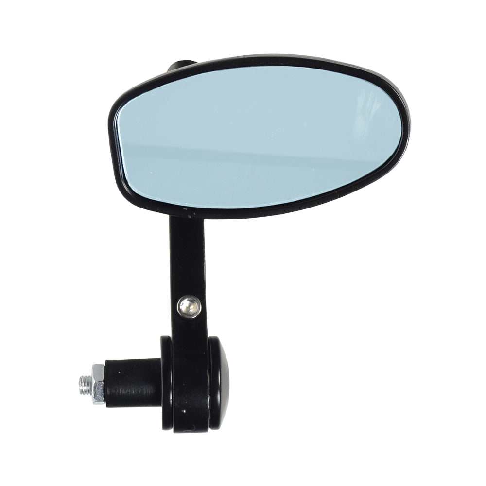 Heavy Duty Handlebar Mounted Bar End Mirror with Extension, showcasing a black-framed, side-view mirror designed for scooters, with a reversible mount and durable, scratch-resistant finish.