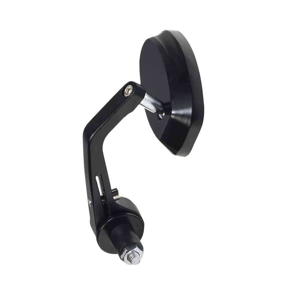 Heavy Duty Handlebar Mounted Bar End Mirror with Extension, featuring a round black handle and mounted via an expandable plug for scooters with 3/4 to 15/16 internal diameter handlebars.