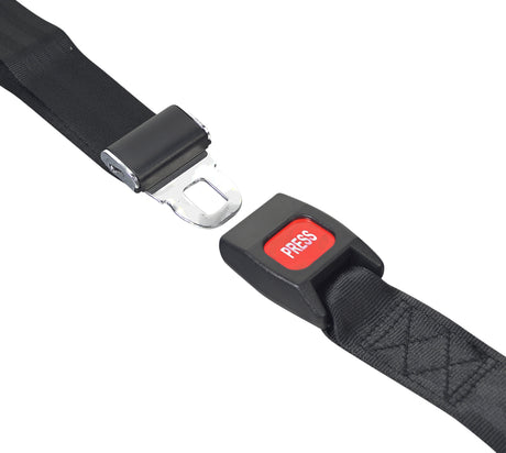 Pediatric Seat Belt with Push Button Auto Style Buckle for Scooters and Power Chairs: Close-up of the black nylon webbing strap with a red button push-style buckle, suitable for children's safety on mobility devices.