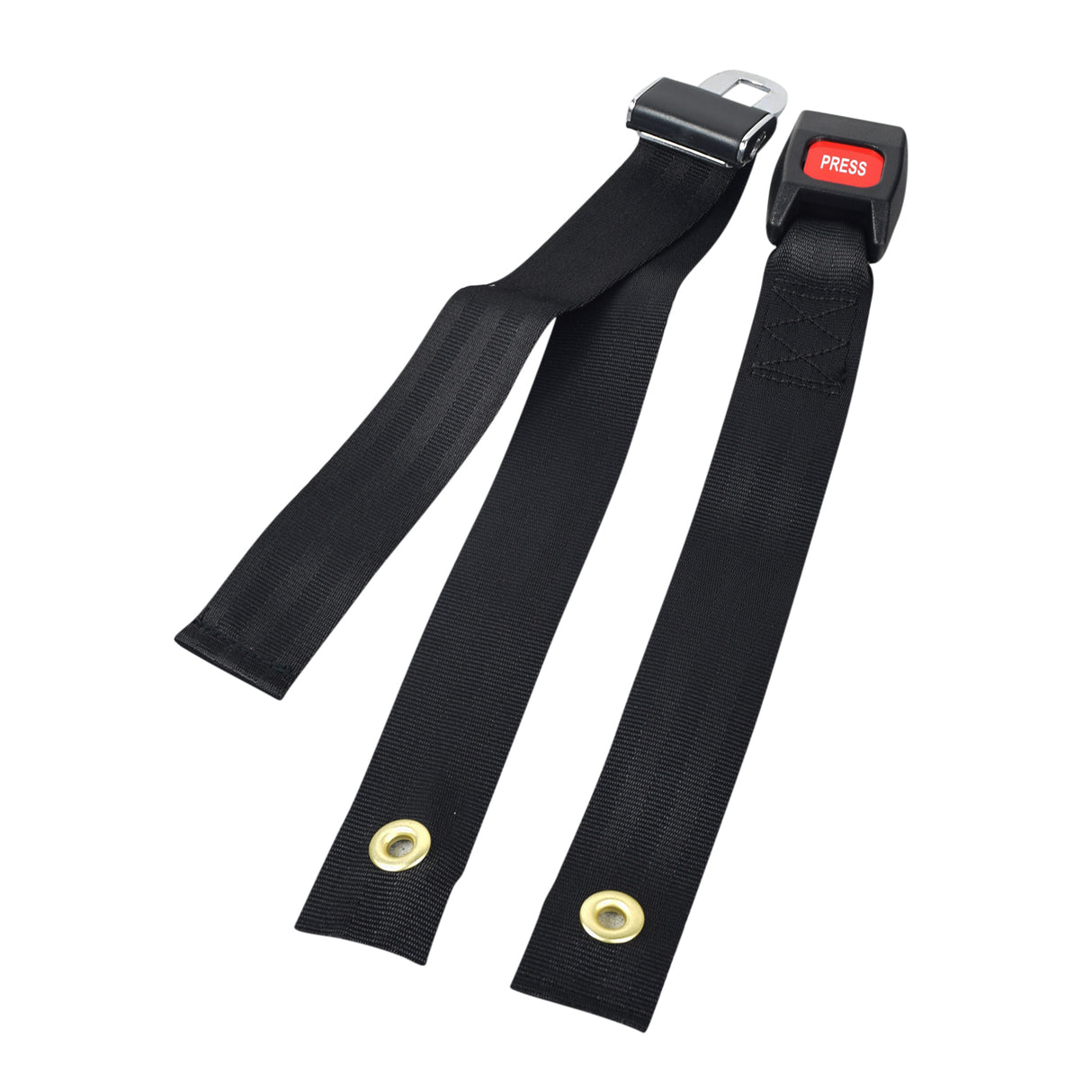 Pediatric Seat Belt with Push Button Auto Style Buckle for Scooters and Power Chairs, featuring a close-up of the black nylon strap and red push button auto-style buckle for child safety.