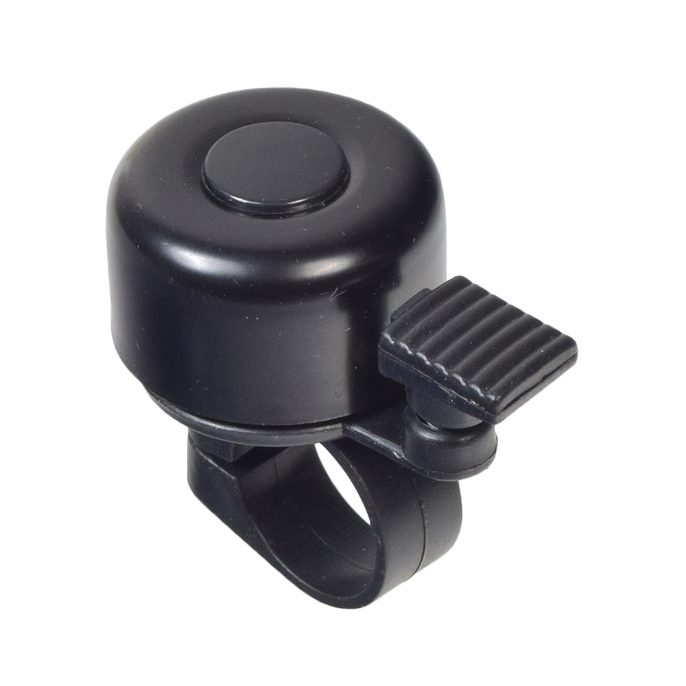 Bicycle Bell 5-Pack: Close-up of a black handlebar bell with a clip, designed to fit standard 7/8 to 1 handlebars for easy installation.