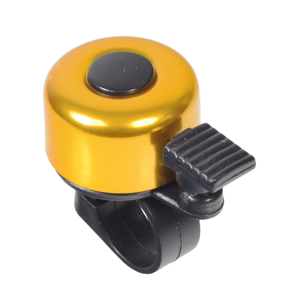 Handlebar Mount Scooter and Bicycle Bell featuring a sleek, close-up view of the black knob and yellow surface, designed for easy installation on standard 7/8 handlebars.