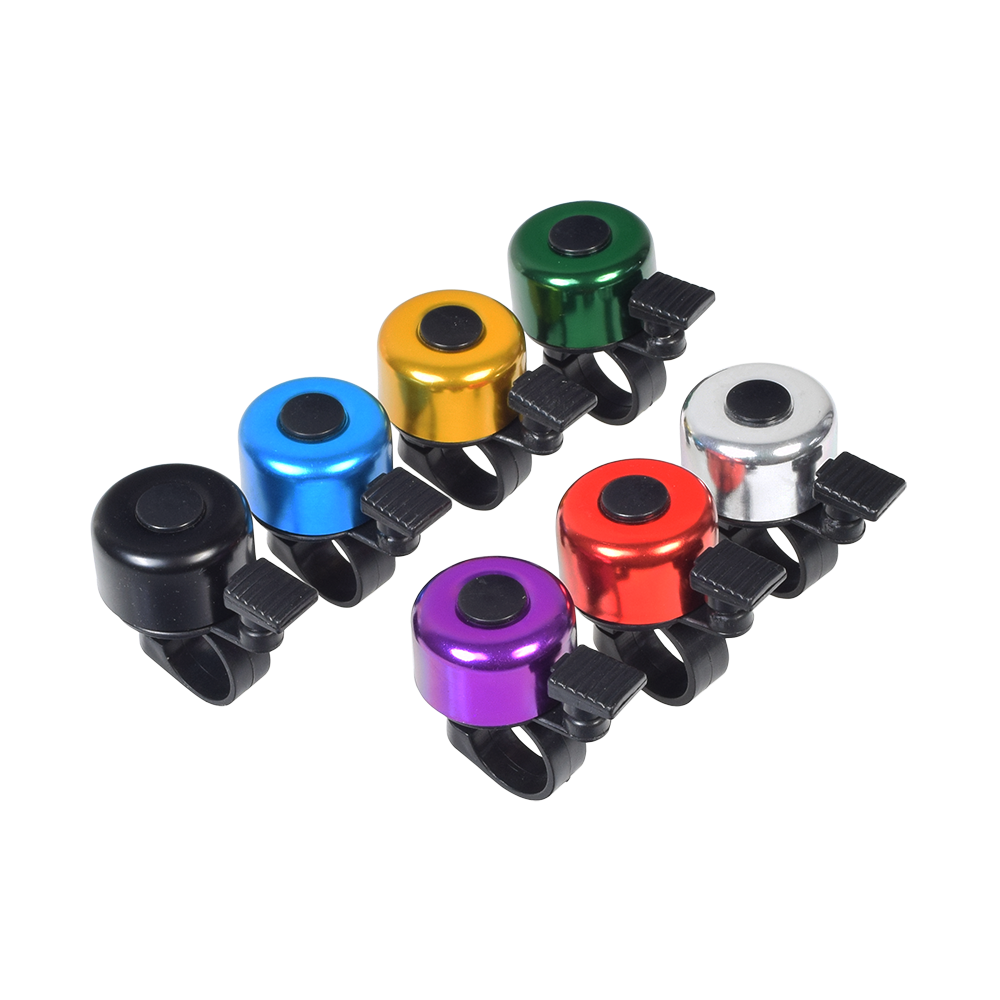 Handlebar Mount Scooter and Bicycle Bell, shown in a group of colorful bells, perfect for ensuring rider safety with easy installation on standard 7/8 handlebars.