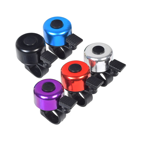 Bicycle Bell 5-Pack: A collection of five colorful plastic handlebar bells, designed for various bikes with standard 7/8 to 1 handlebars, perfect for enhancing safety and adding vibrant charm to rides.