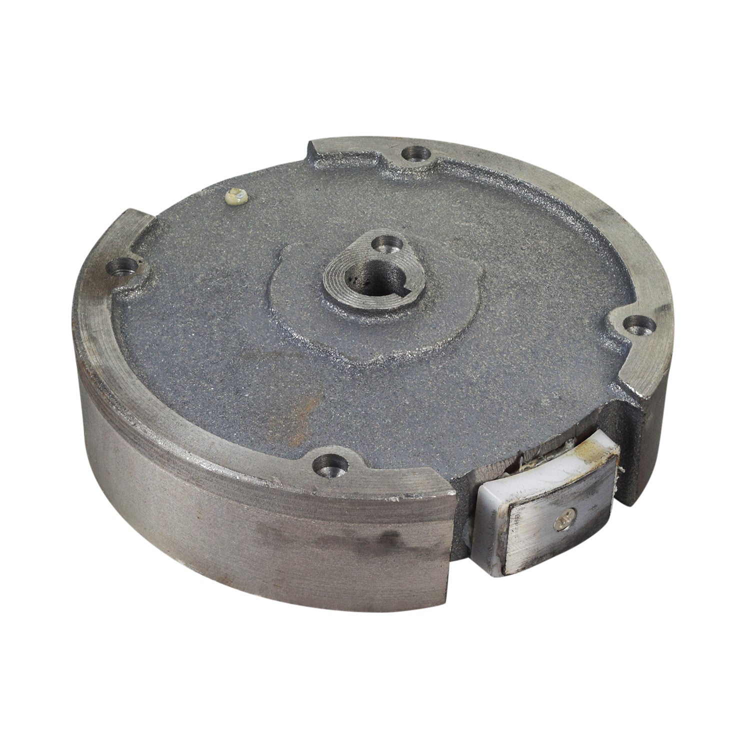 Single Magnet Flywheel for the 6.5 Hp (Honda GX200 Clone) Engine Baja MB165 & MB200 Mini Bike, featuring a round metal structure with a conical mounting hole, essential for engine compatibility.