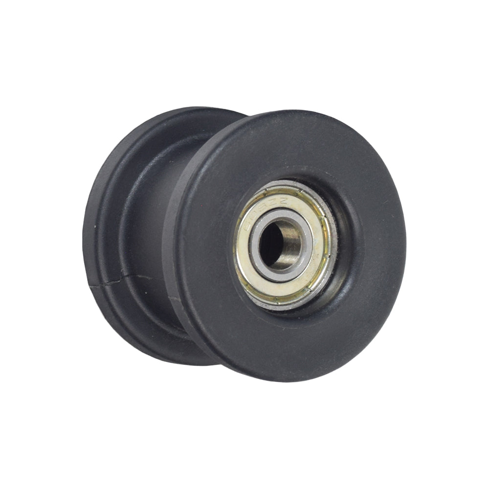 Chain Tensioner Roller for the Coleman RB100 105cc Mini Bike, featuring a black wheel with a metal center, designed to maintain correct chain tension for a smooth ride on various mini bike models.