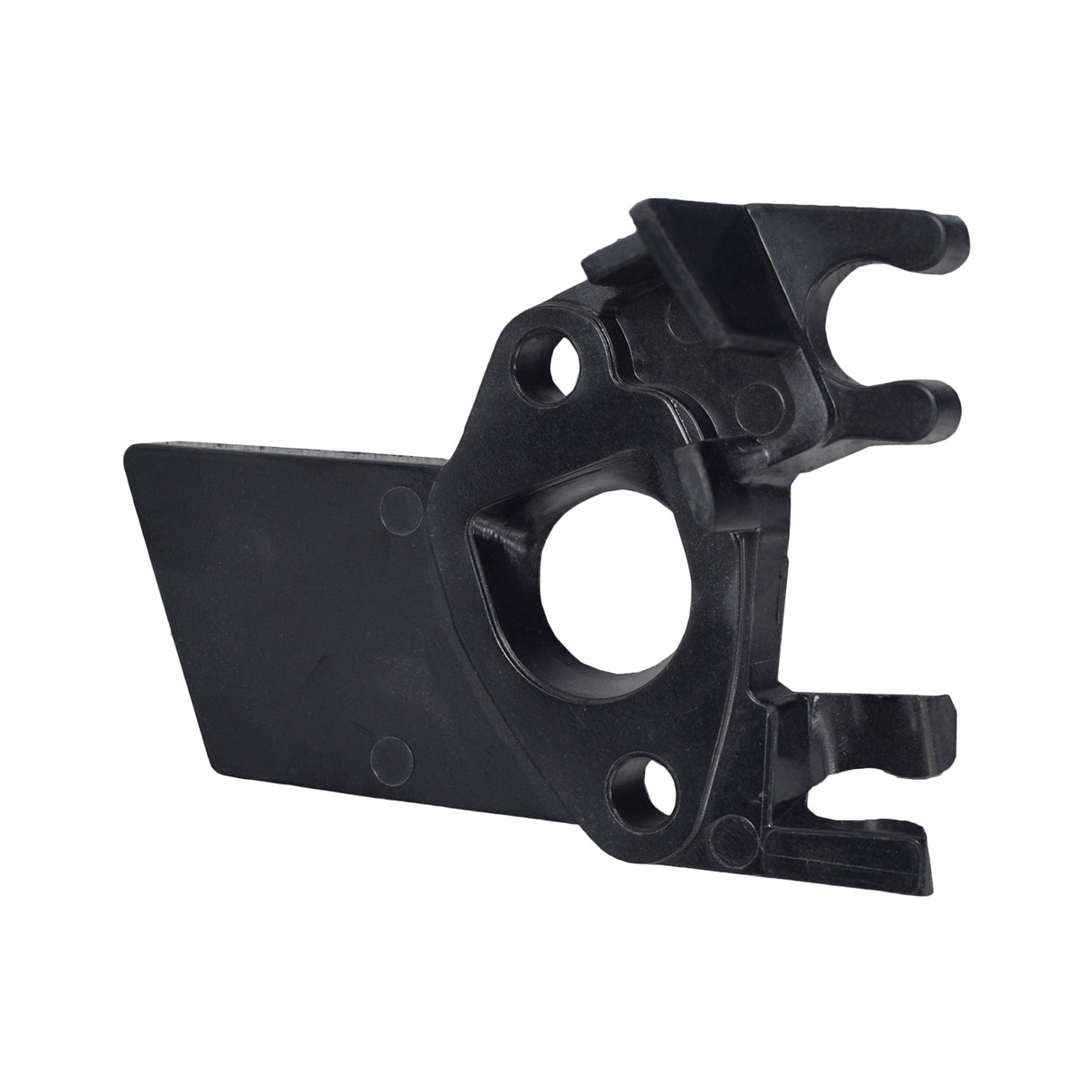 Carburetor Insulator Plate for Baja Mini Bike (MB200), a black plastic piece with multiple circular holes and a prominent central hole, designed to fit perfectly into the bike's carburetor system.