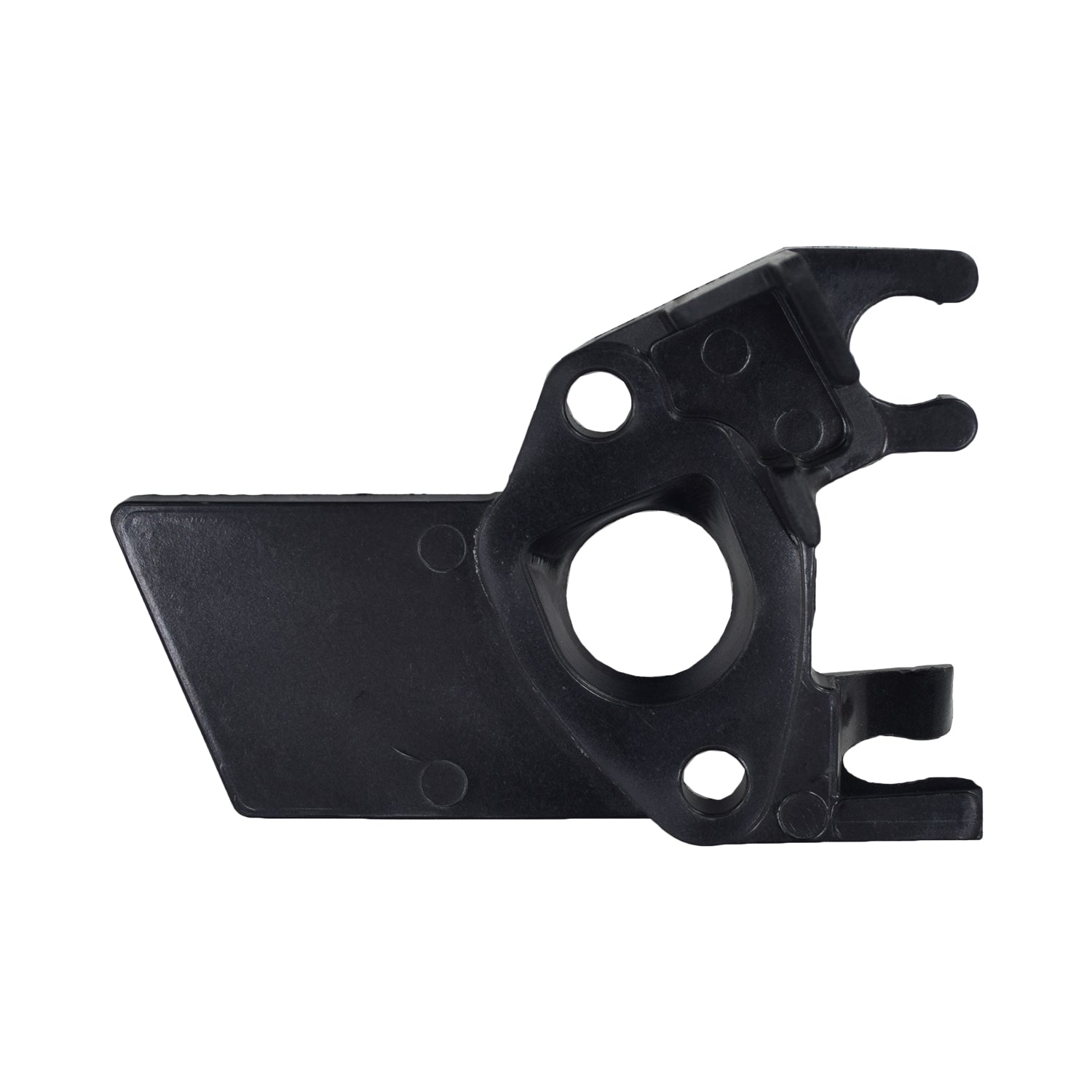 Carburetor Insulator Plate for the Baja Mini Bike (MB200), black plastic piece with multiple holes and a central circle, designed to fit and insulate the carburetor effectively.