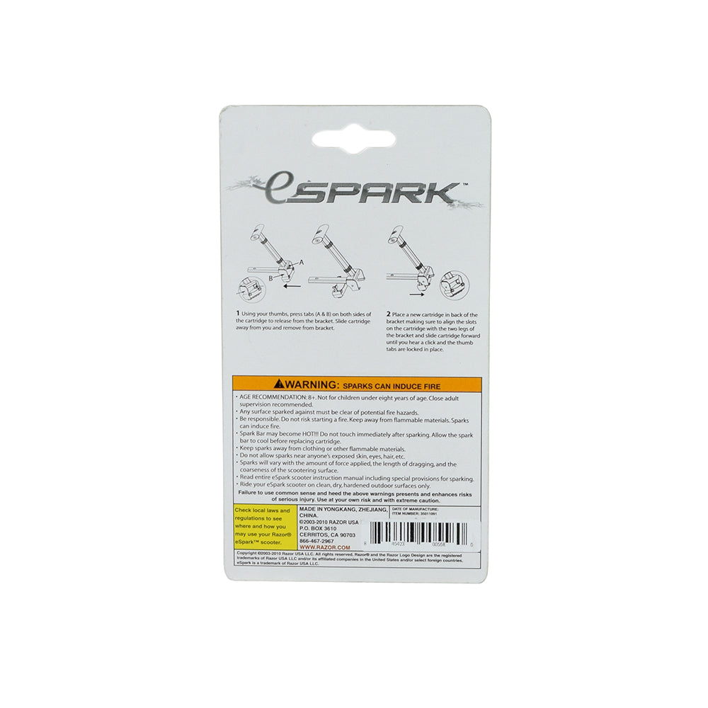 Replacement Spark Cartridges for the Razor eSpark, FlashRider 360, & Spark Kick Scooters in a white package with visible instructions and text.