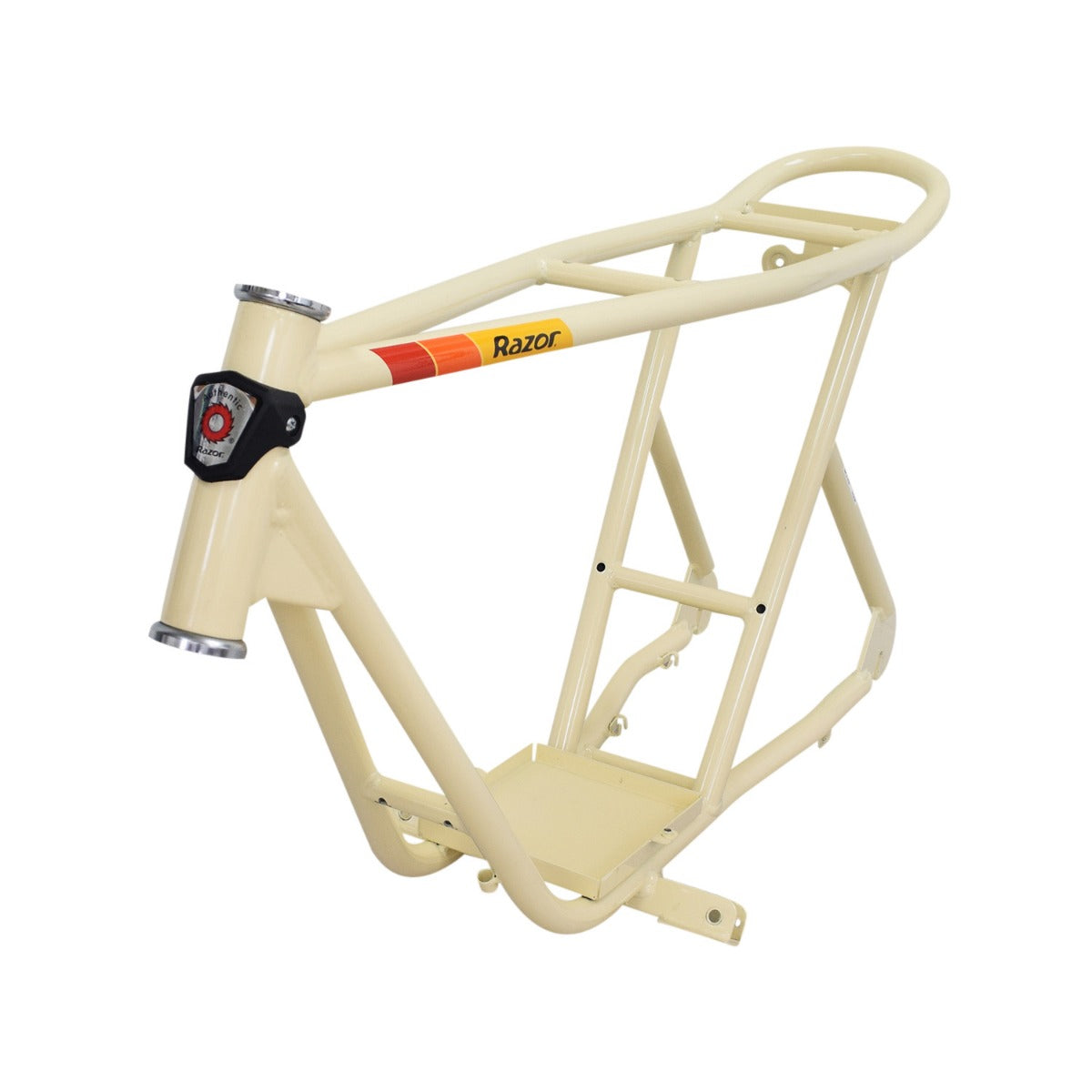 Frame for the Razor Rambler 16 Electric Mini Bike, featuring a white steel frame with a red and yellow Razor logo, ideal for custom electric mini bike projects.